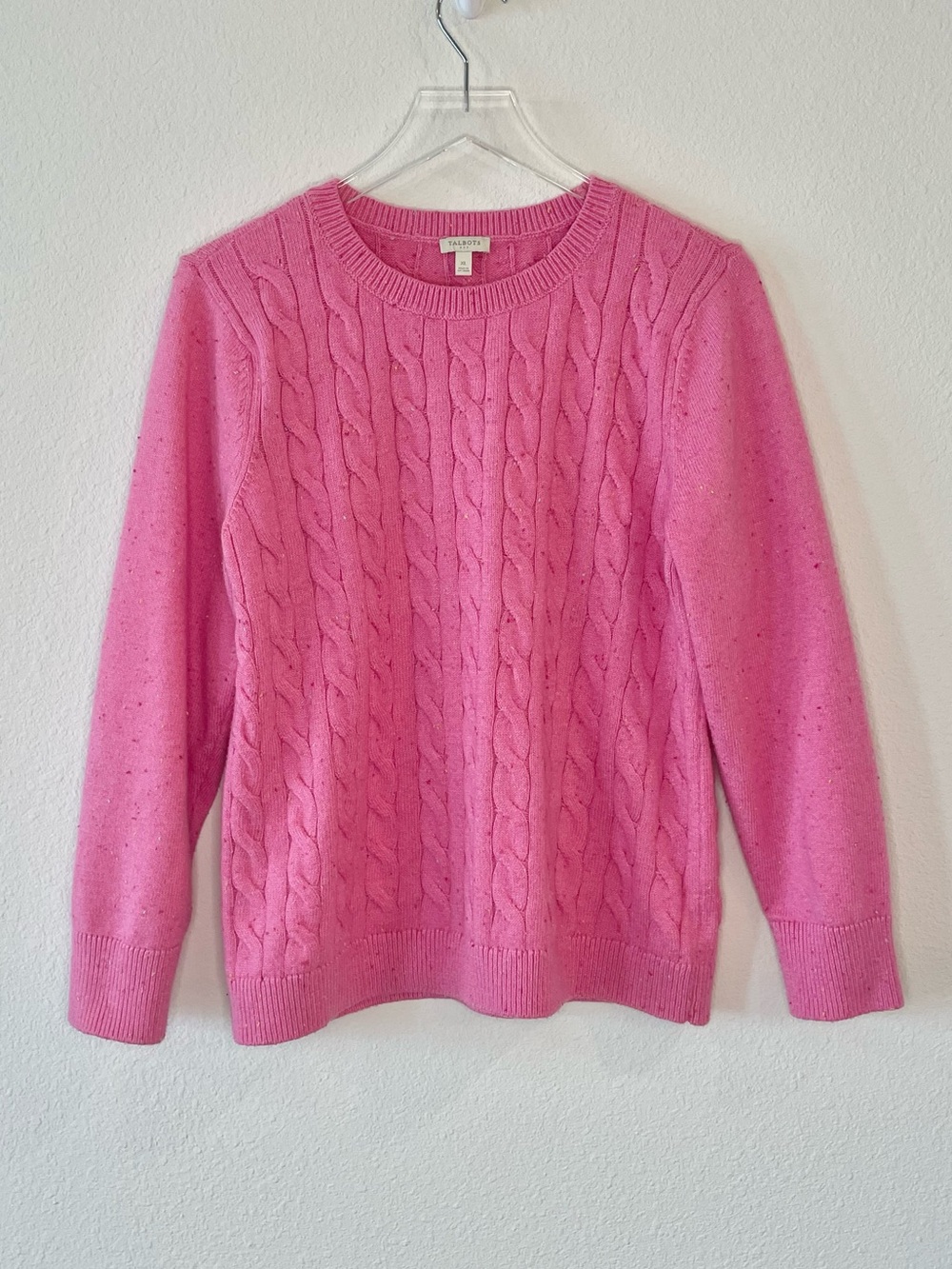 Talbots Vibrant Pink Speckled Cable Knit Crewneck Sweater